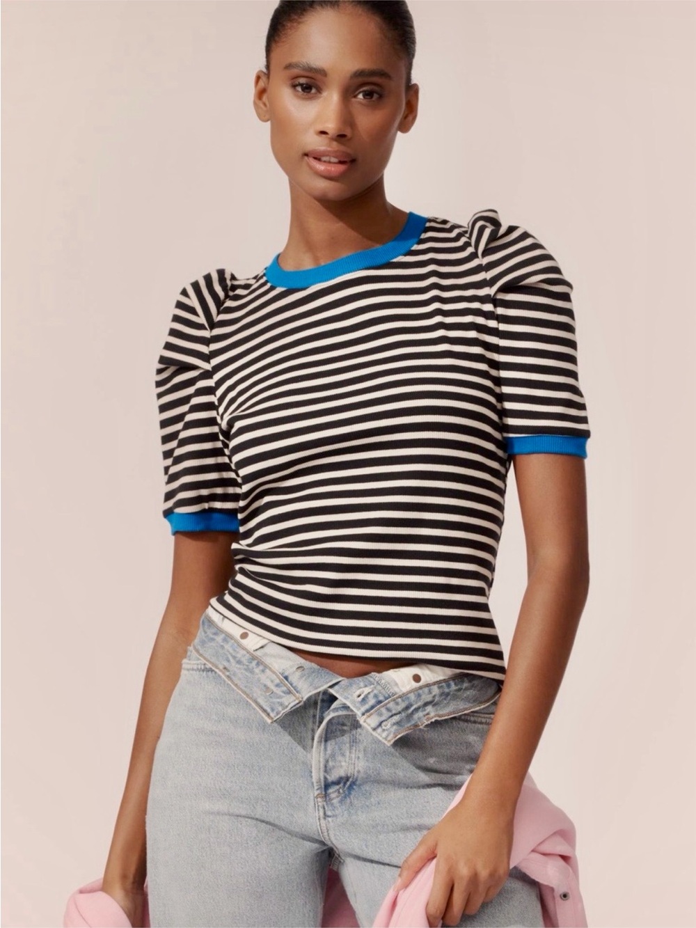 Anthropologie Maeve Black White Striped Short Sleeve Tee Blue Trim puff sleeve